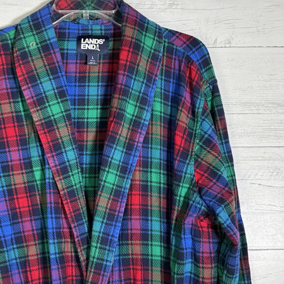 Lands End Cotton Plaid Robe Tie Waist Men's Large - Picture 3 of 5